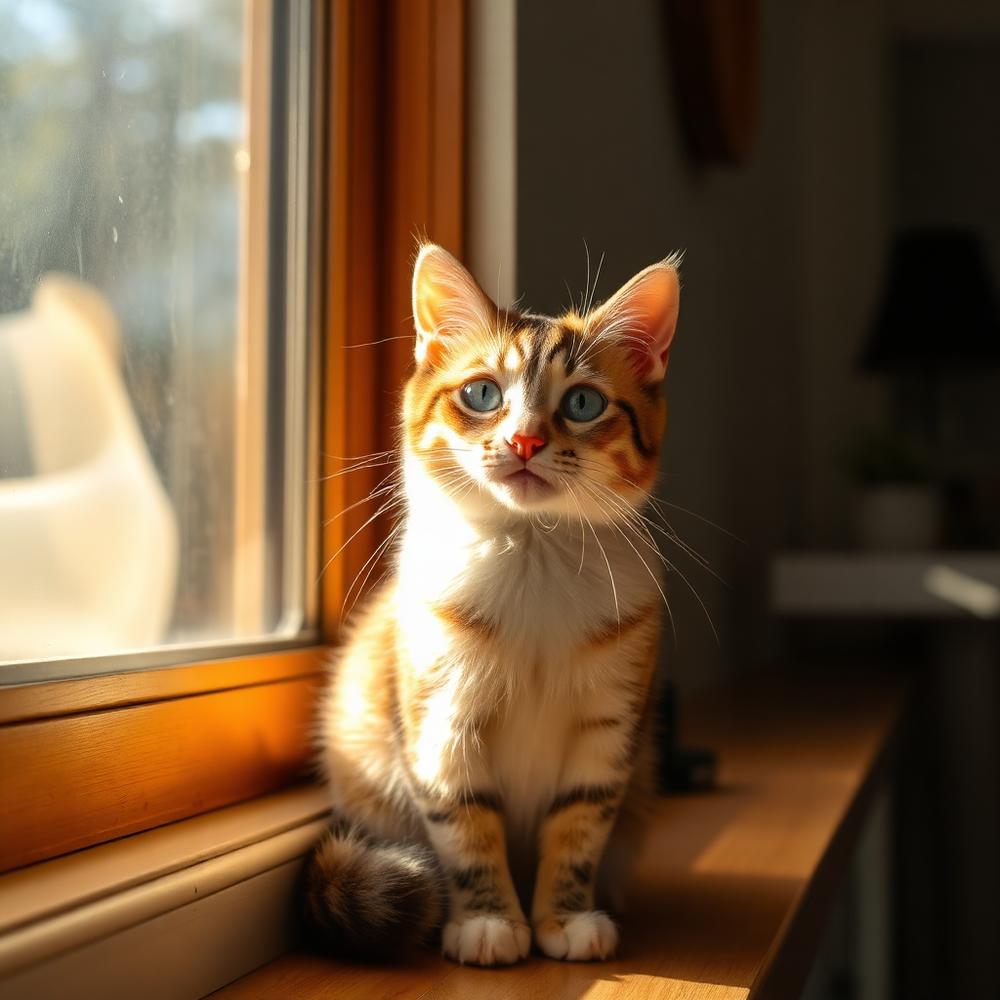 Gato rescatado feliz en un hogar iluminado por el sol